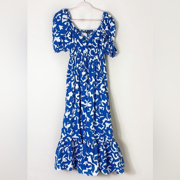 Zara Printed Poplin Dress Blue White Frill Puff Sleeve Maxi / Midi Dress size S - Picture 12 of 12